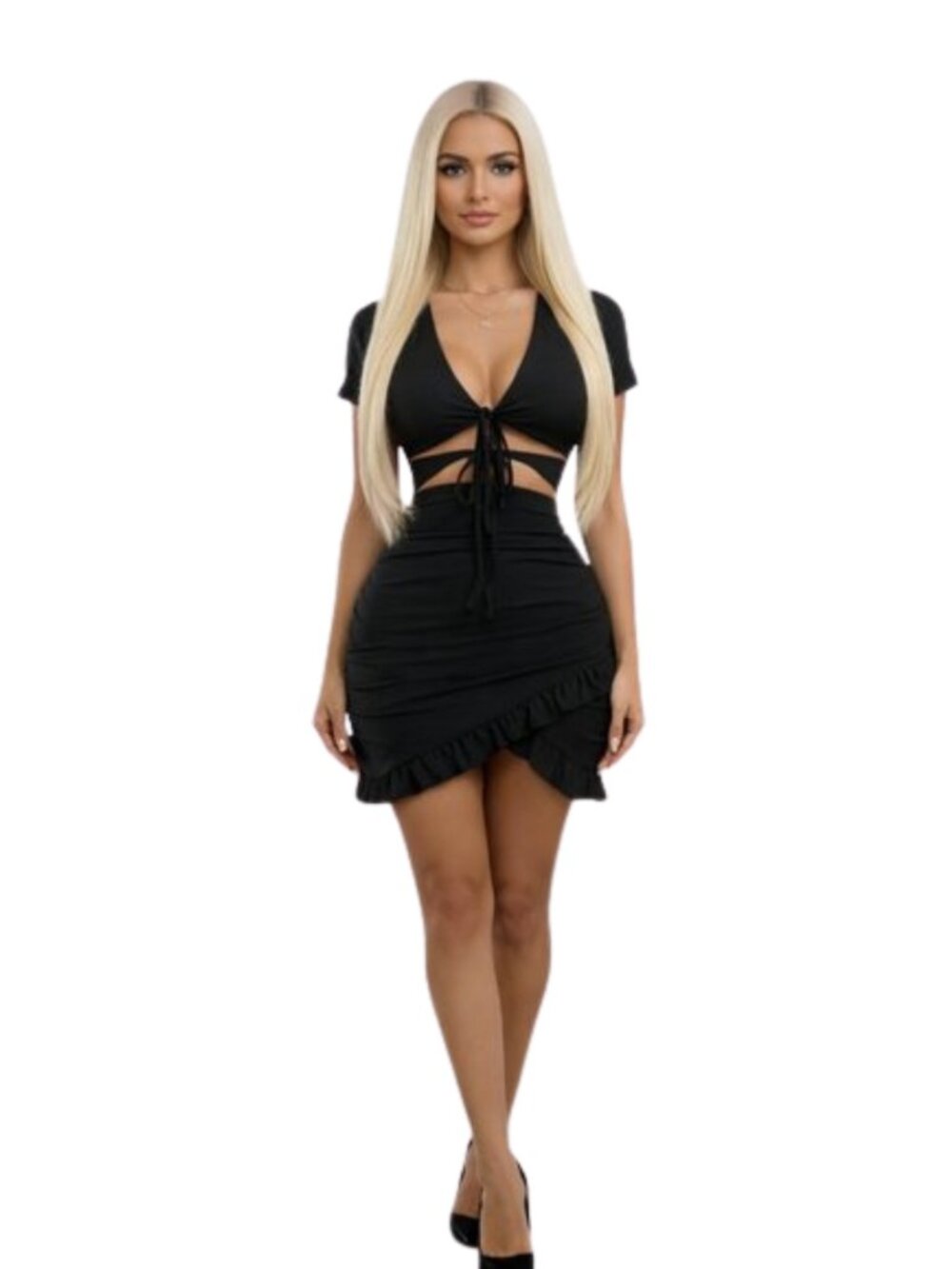 Effordram Black Tie-Front Cutout Ruffle Mini Dress Club Party Bodycon M